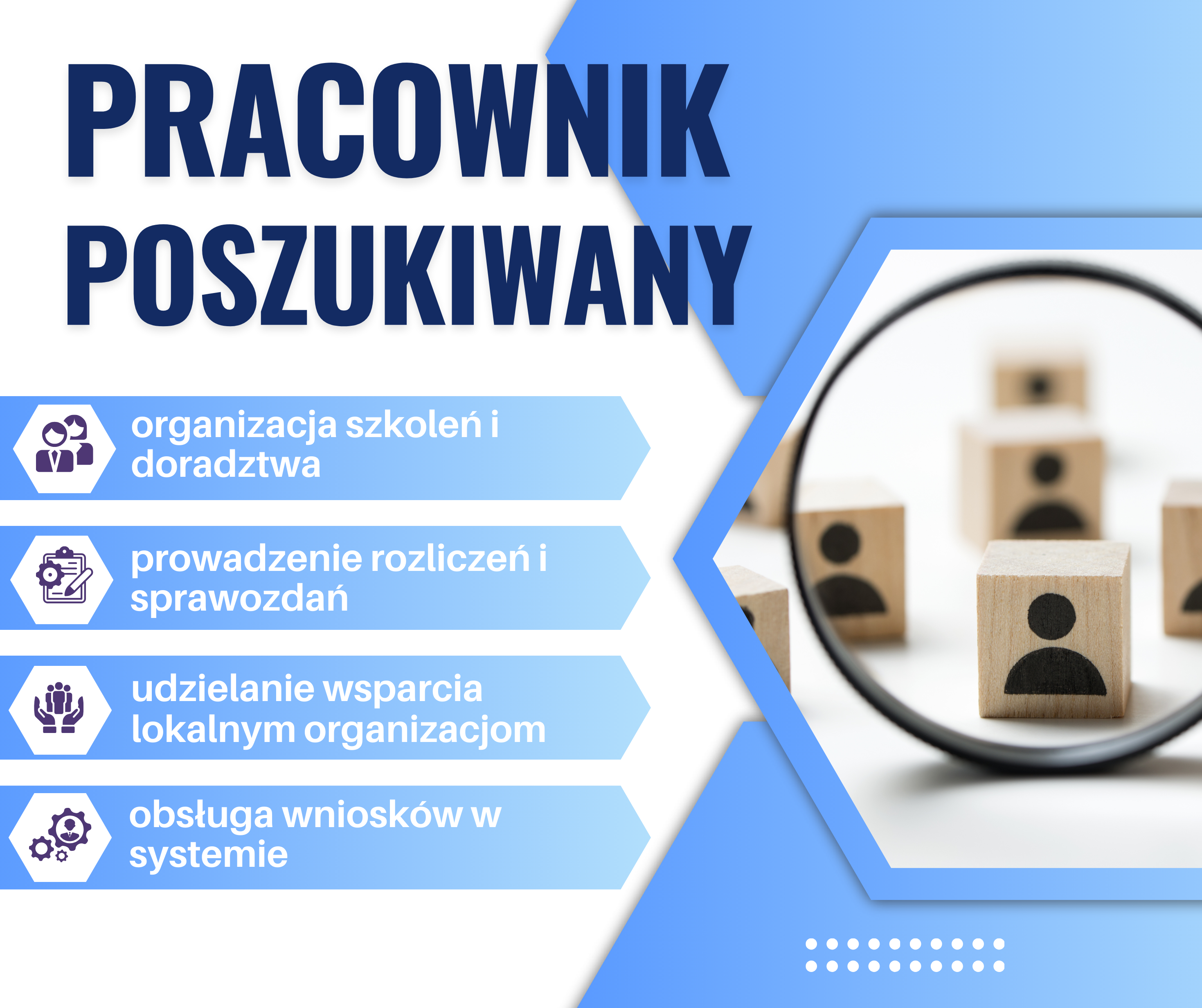 grafika informująca o poszukiwaniu pracownika do zespołu LGD. Na grafice umieszczono zdjęcie drewnianych klocków, na których są piktogramy ludzi. Przed klockami ustawiono szkło powiększające. Dodatkowo wymieniono zakres zadań przyszłego członka zespołu: organizacja szkoleń i doradztwa; prowadzenie rozliczeń i sprawozdań; udzielanie wsparcia lokalnym organizacjom; obsługa wniosków w systemie