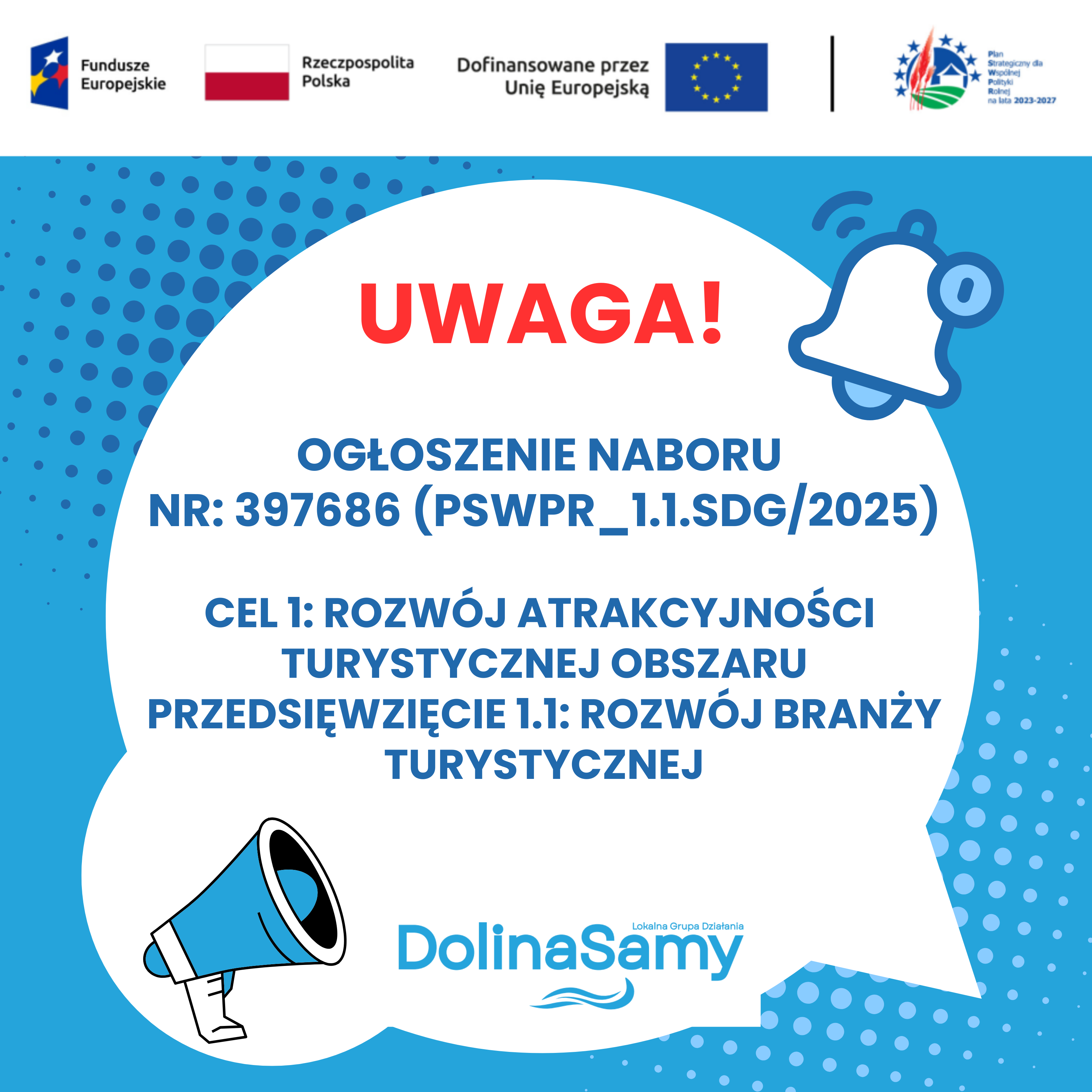 grafika zawiera informacje o planowanym naborze wniosków w ramach  Cel 1: Rozwój atrakcyjności  turystycznej obszaru Przedsięwzięcie 1.1: Rozwój branży turystycznej