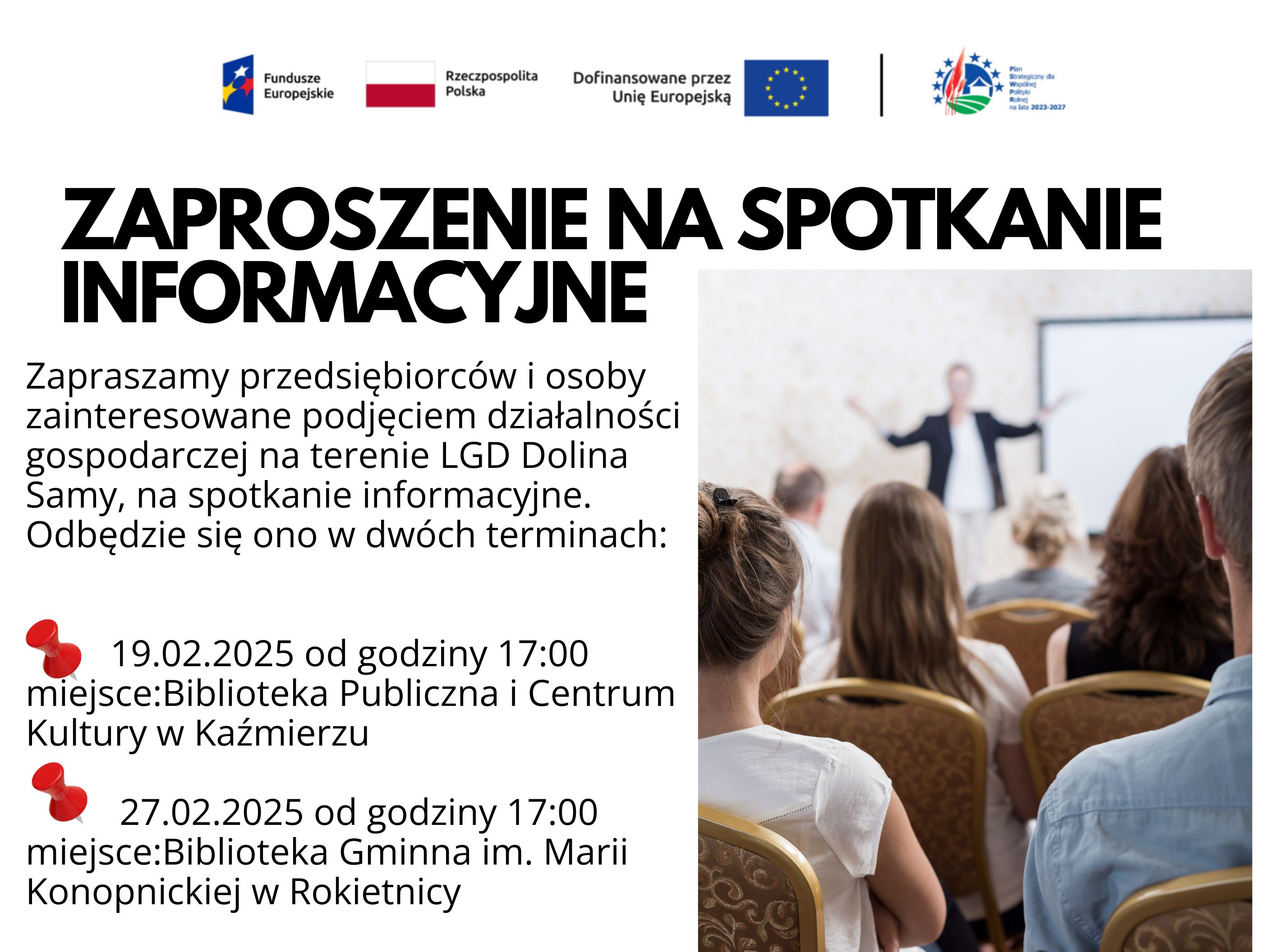 Grafika informacyjna, na której przedstawiono terminy spotkań z przedsiębiorcami i osobami planującymi rozpoczęcie działalności w ramach dofinansowań z LGD Dolina Samy
