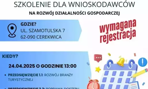 Grafika informuje o terminie szkolenia dla wnioskodawców na rozwój działalności gospodarczej w ramach naborów z Planu Strategicznego dla Wspólnej Polityki Rolnej (w skrócie PS WPR). Na grafice wskazano miejsce realizacji szkolenia: ul. Szamotulska 7 w Cer