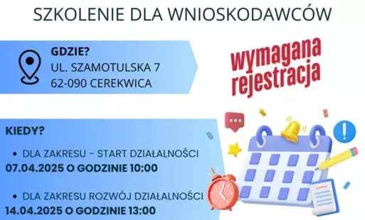 grafika informuje o terminach szkoleń dla wnioskodawców w ramach naborów z Planu Strategicznego dla Wspólnej Polityki Rolnej (w skrócie PS WPR). Na grafice wskazano miejsce realizacji szkoleń: ul. Szamotulska 7 w Cerekwicy oraz dwa terminy 07 kwietnia 202