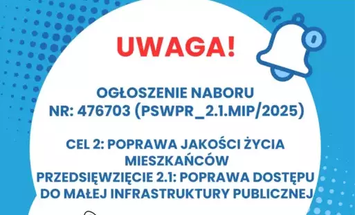 Grafika zawiera informację o naborze wniosków dotyczącym poprawy dostępu do małej infrastruktury publicznej.