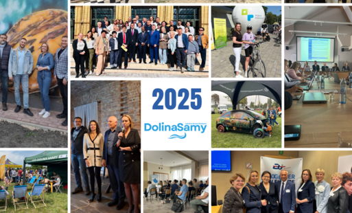 Grafika przedstawia kolaż zdjęć z podsumowaniem różnych wydarzeń z życia LGD Dolina Samy w 2025 roku. 