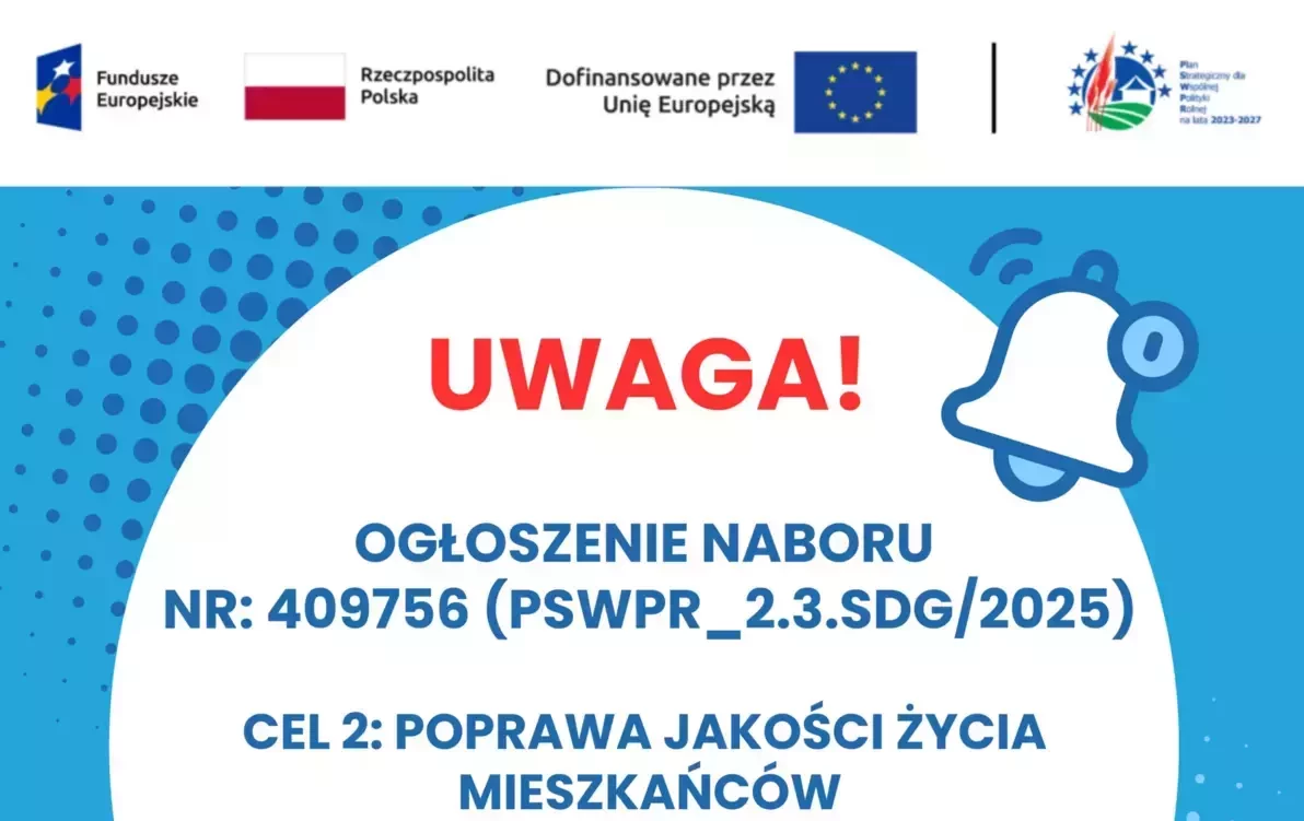 grafika informuje o ogłoszeniu naboru wniosków nr: 409756 (PSWPR_2.3.SDG/2025) Cel 2: Poprawa jakości życia mieszkańców. Przedsięwzięcie 2.3: Poprawa dostępu do usług osobistych. Dla przykucia uwagi odbiory na grafice umieszczono czerwony napis UWAGA oraz