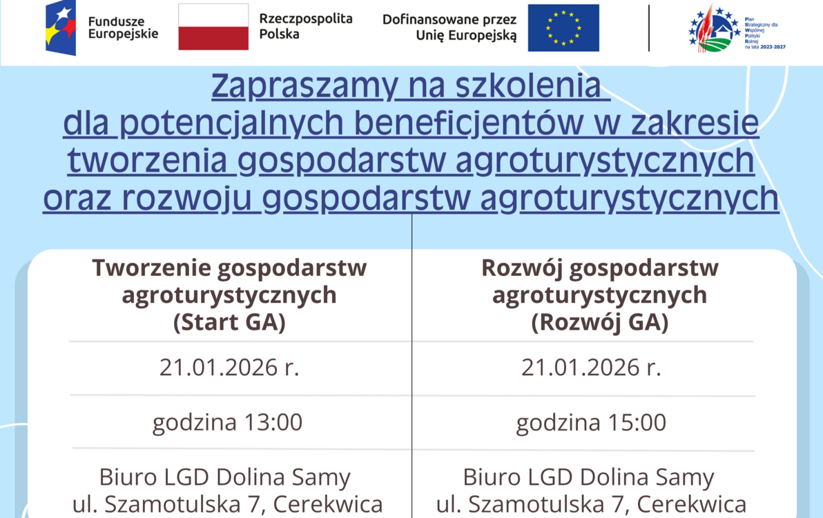 Plakat informacyjny LGD Dolina Samy zapraszający na szkolenia dla potencjalnych beneficjentów z zakresu tworzenia i rozwoju gospodarstw agroturystycznych. Dwa szkolenia zaplanowane na 21 stycznia 2026 roku w Klubie Sołeckim w Cerekwicy przy ul. Szamotulsk